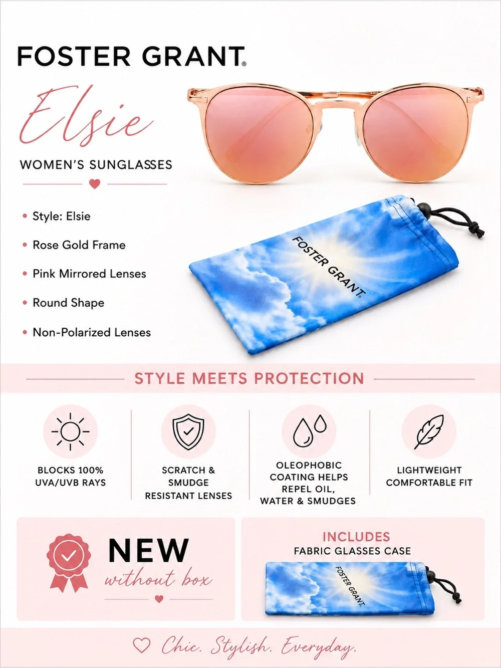 Foster Grant Elsie Rose Gold Round Sunglasses New With Case